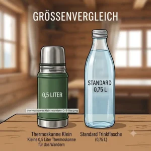 Size comparison guide of a 0.5-liter thermoskanne klein wandern next to a standard water bottle.