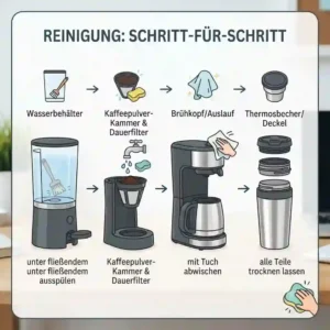 Step-by-step visual guide for the easy cleaning process of a travel coffee maker office mini and its detachable parts.